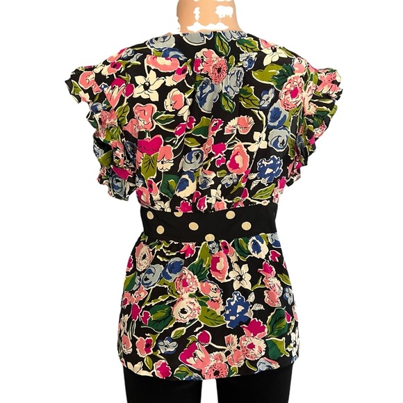 3/$30 🍂 Odille Anthropologie Floral Silk Cap Sleeve Wrap Shirt Multicolor - Picture 6 of 9